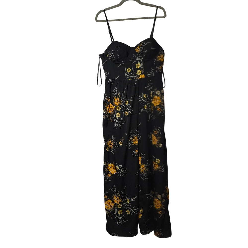 Band of Gypsies Black Floral Wide Leg Jumpsuit Smocked Bodice Size L Cruise‎
